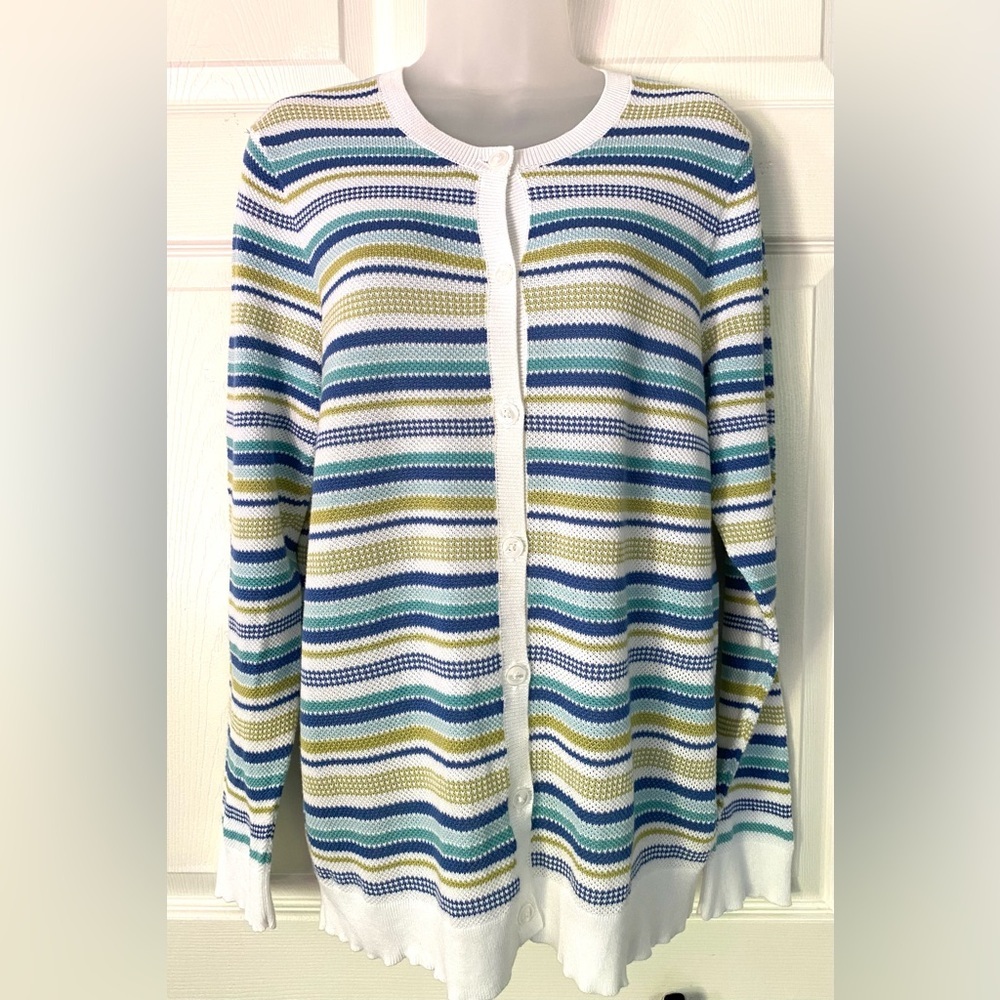 Pendleton Sweater Cardigan White Green Blue Striped Cotton Size XL